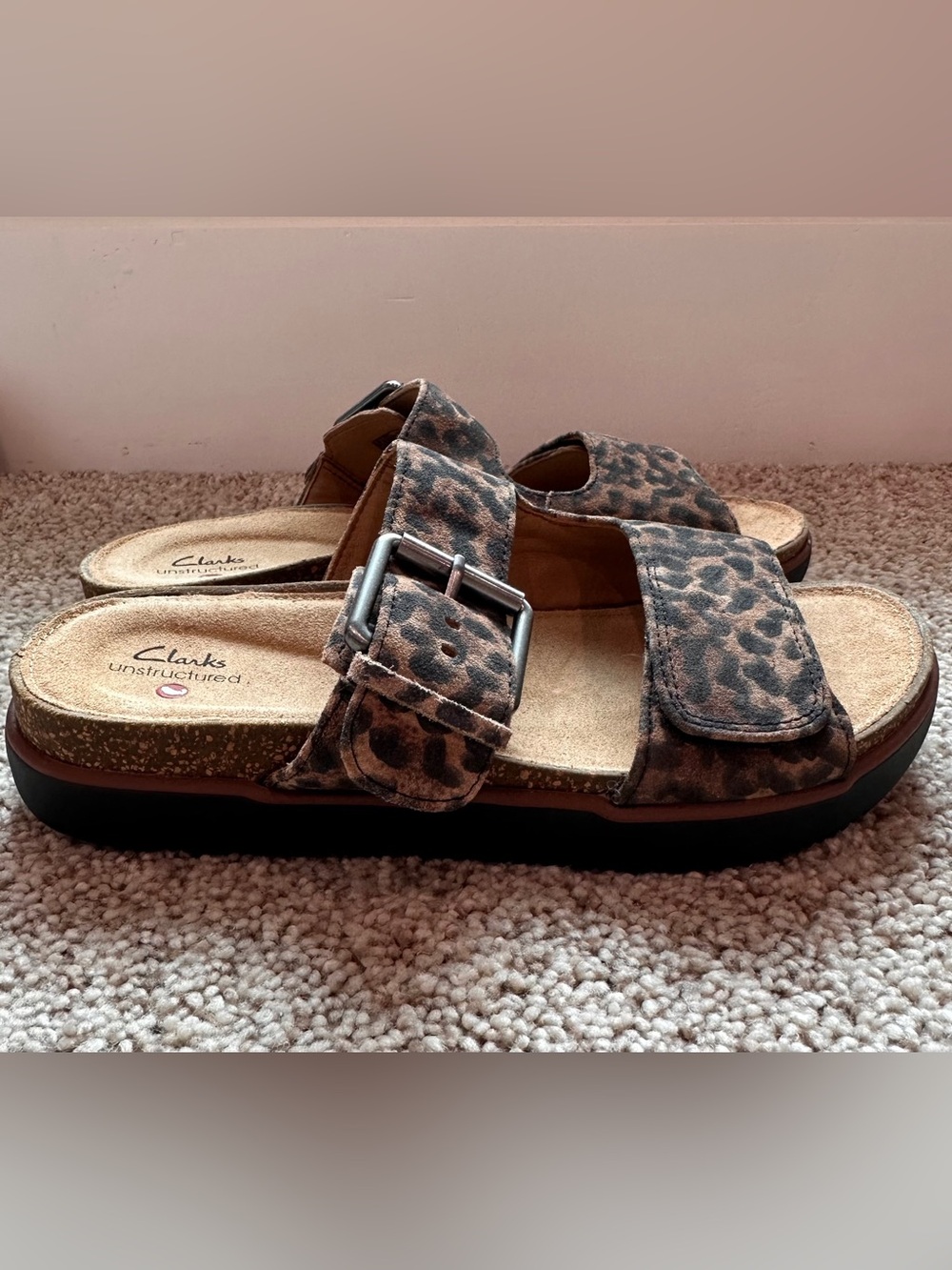 Clarks Unstructured Leopard Print Leather Sandals